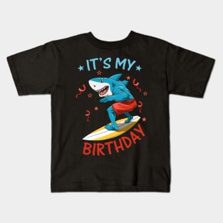 Funny Shark Birthday Summer Surfer Bday Surfboard Kids T-Shirt